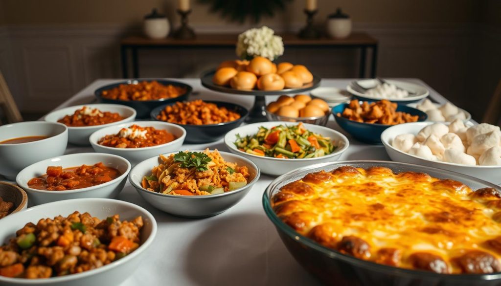 A bountiful table set with a variety of tempting main dishes for a budget-friendly birthday celebration. In the foreground, a savory casserole, its golden-brown crust glistening, surrounded by bowls of hearty chili, zesty tacos, and fragrant stir-fried vegetables. Soft lighting casts a warm glow, creating an inviting and festive atmosphere. In the middle ground, platters of freshly baked rolls and fluffy mashed potatoes, while the background features an elegant yet understated tablescape with simple, rustic decor. The scene exudes a sense of homemade comfort and celebration, capturing the essence of a delicious and affordable birthday party main course spread. A bountiful table set with a variety of tempting main dishes for a budget-friendly birthday celebration. In the foreground, a savory casserole, its golden-brown crust glistening, surrounded by bowls of hearty chili, zesty tacos, and fragrant stir-fried vegetables. Soft lighting casts a warm glow, creating an inviting and festive atmosphere. In the middle ground, platters of freshly baked rolls and fluffy mashed potatoes, while the background features an elegant yet understated tablescape with simple, rustic decor. The scene exudes a sense of homemade comfort and celebration, capturing the essence of a delicious and affordable birthday party main course spread.