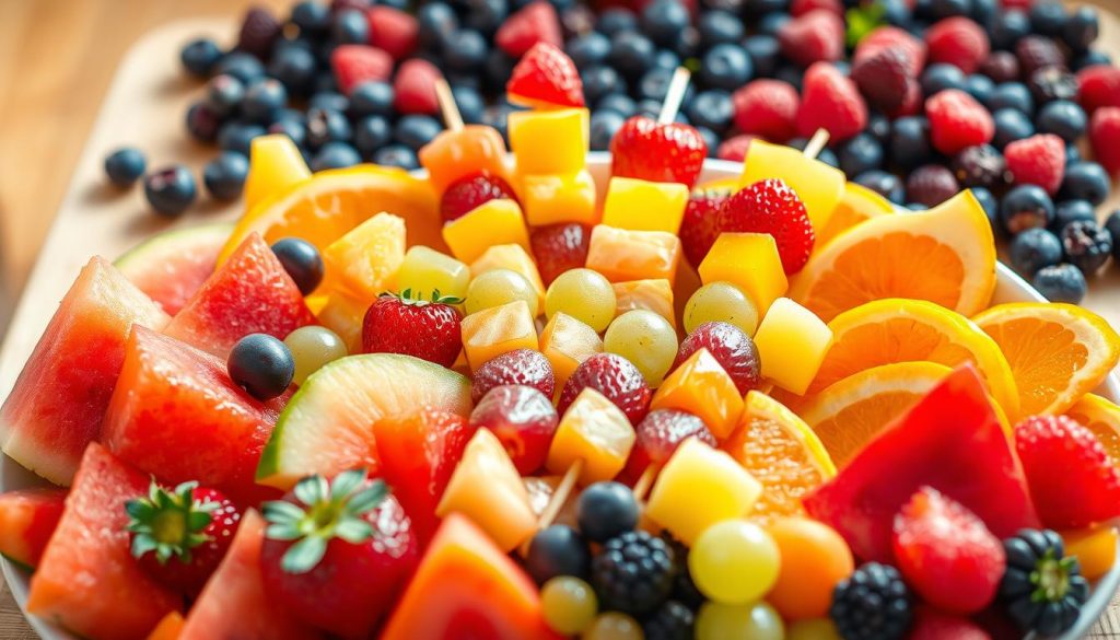 A colorful and whimsical fruit platter, bursting with a vibrant array of fresh, juicy produce, arranged in a playful, eye-catching display. In the foreground, an assortment of sliced watermelon, pineapple, strawberries, grapes, and orange wedges are carefully positioned to create a captivating visual. The middle ground features a variety of skewered fruit kabobs, each with a playful, geometric shape, adding a sense of playfulness and imagination. In the background, a scattered arrangement of blueberries, raspberries, and blackberries provide a lush, natural backdrop, complementing the overall composition. The lighting is warm and inviting, casting a soft, natural glow on the platter, creating a delightful and appetizing scene that would appeal to children's natural curiosity and love of color. A colorful and whimsical fruit platter, bursting with a vibrant array of fresh, juicy produce, arranged in a playful, eye-catching display. In the foreground, an assortment of sliced watermelon, pineapple, strawberries, grapes, and orange wedges are carefully positioned to create a captivating visual. The middle ground features a variety of skewered fruit kabobs, each with a playful, geometric shape, adding a sense of playfulness and imagination. In the background, a scattered arrangement of blueberries, raspberries, and blackberries provide a lush, natural backdrop, complementing the overall composition. The lighting is warm and inviting, casting a soft, natural glow on the platter, creating a delightful and appetizing scene that would appeal to children's natural curiosity and love of color.