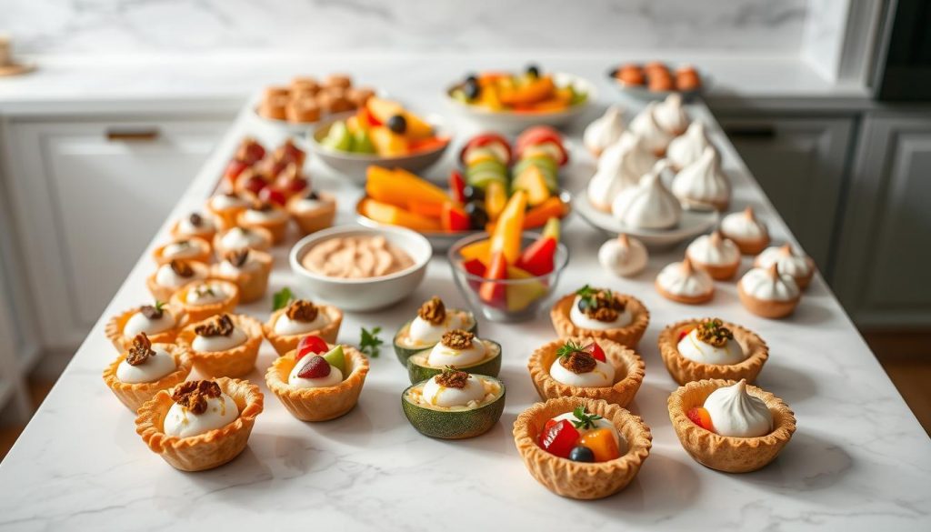 A lavish spread of gourmet-looking party snacks arranged on a pristine white marble countertop, bathed in soft, natural lighting. In the foreground, an artful display of bite-sized hors d'oeuvres - flaky puff pastry cups filled with creamy bites, elegant skewered fruit and cheese kebabs, and delicate cucumber cups topped with a dainty dollop of savory mousse. The middle ground features an assortment of elevated dips and spreads, like a silky hummus garnished with toasted pine nuts and drizzled olive oil, alongside colorful vegetable crudités. In the background, a few simple, yet stunning desserts - mini tarts with shiny fruit glaze, and bite-sized meringues dusted with powdered sugar. The overall scene radiates an air of sophistication and indulgence, belying the modest budget behind these impressive party snacks.