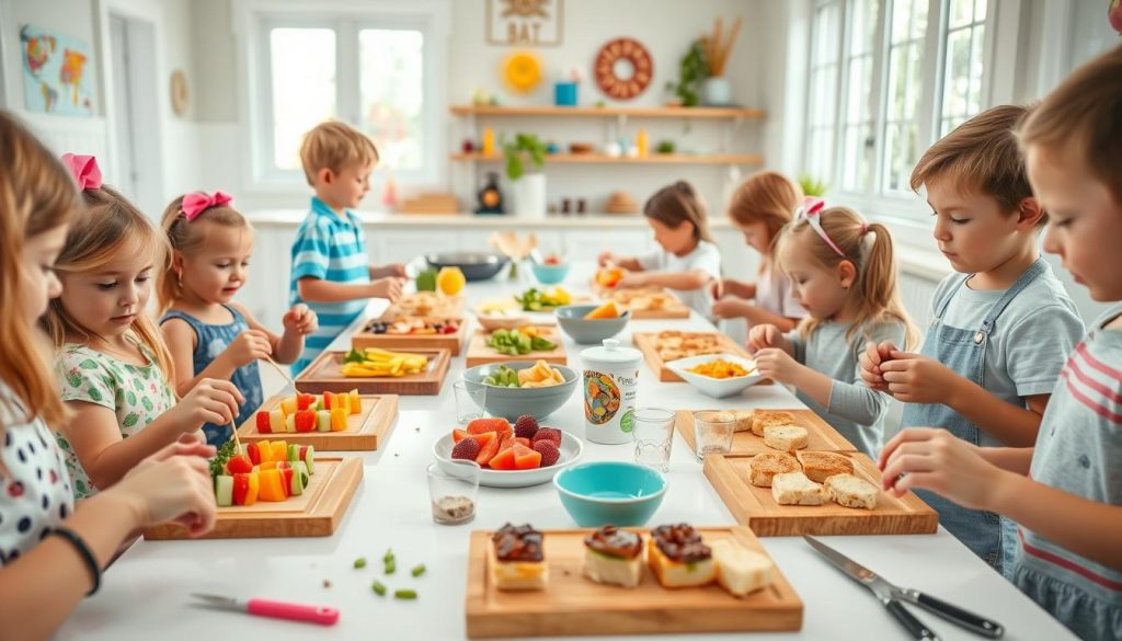A playful scene of children creating their own DIY party food stations in a bright, well-lit kitchen. In the foreground, eager hands assemble colorful veggie skewers, fruit kabobs, and tiny sandwiches on wooden cutting boards. The middle ground features a long table with various ingredients, utensils, and decorative elements that the kids can use to customize their creations. In the background, cheerful wall decor and large windows let in natural light, creating an inviting, homey atmosphere. The overall mood is one of hands-on learning, creativity, and shared joy as the young chefs work together to design their tasty party spreads. A playful scene of children creating their own DIY kids party food stations in a bright, well-lit kitchen. In the foreground, eager hands assemble colorful veggie skewers, fruit kabobs, and tiny sandwiches on wooden cutting boards. The middle ground features a long table with various ingredients, utensils, and decorative elements that the kids can use to customize their creations. In the background, cheerful wall decor and large windows let in natural light, creating an inviting, homey atmosphere. The overall mood is one of hands-on learning, creativity, and shared joy as the young chefs work together to design their tasty party spreads.