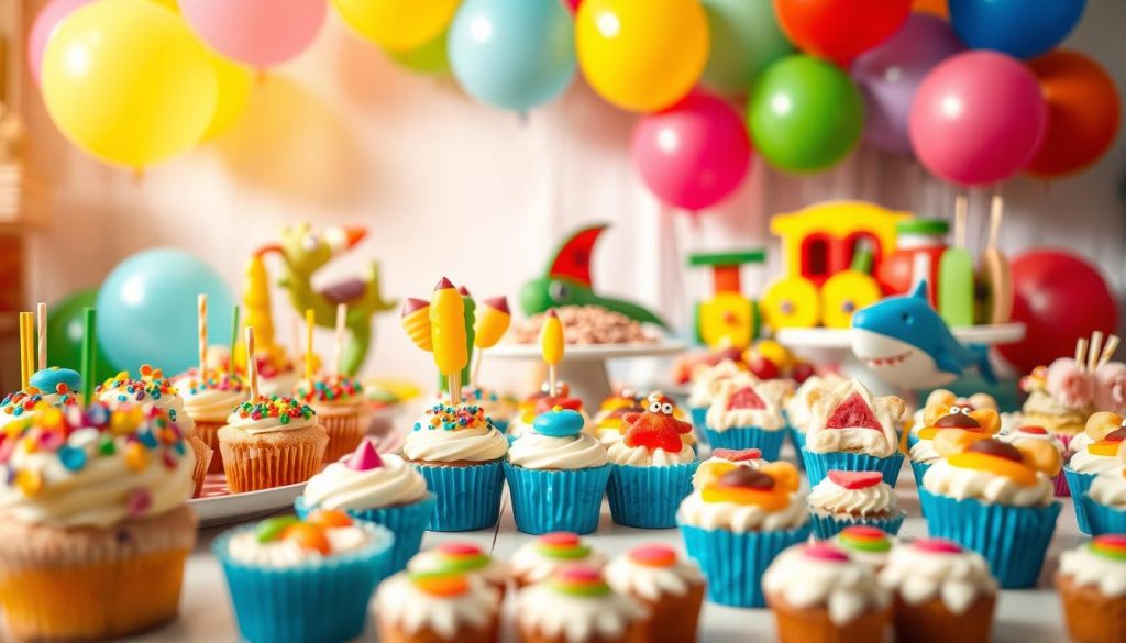 A vibrant and colorful children's birthday party spread, featuring an assortment of whimsical and delightful food items. In the foreground, a table is adorned with a variety of themed treats, including cupcakes topped with sprinkles and edible decorations, colorful fruit skewers, and bite-sized sandwiches shaped like animals. In the middle ground, a backdrop of balloons in primary colors adds a festive atmosphere, while the background showcases a playful and imaginative scene, with creative food sculptures, such as a watermelon shark or a veggie train. The lighting is warm and inviting, accentuating the vibrant hues and creating a sense of celebration and joy. Captured at a low angle, the image conveys a sense of wonder and excitement, perfectly capturing the spirit of a kids' birthday party. Essential Birthday Party Food Ideas for Budget-Friendly Planning