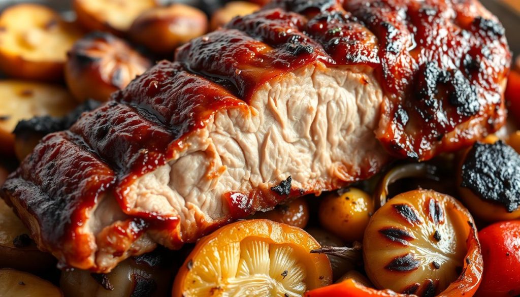 A beautifully seared pork tenderloin, glistening with a savory glaze, rests atop a bed of perfectly charred vegetables. The rich, smoky aroma fills the air, drawing the viewer in. The tenderloin is cooked to a juicy medium-rare, with a crisp, caramelized crust. The vegetables, including roasted potatoes, onions, and bell peppers, are arranged in a visually appealing manner, complementing the main dish. Soft, natural lighting illuminates the scene, casting warm shadows and highlights. The image is captured from a slightly elevated angle, showcasing the dish in an appetizing and inviting manner. A beautifully seared pork tenderloin, glistening with a savory glaze, rests atop a bed of perfectly charred vegetables. The rich, smoky aroma fills the air, drawing the viewer in. The tenderloin is cooked to a juicy medium-rare, with a crisp, caramelized crust. The vegetables, including roasted potatoes, onions, and bell peppers, are arranged in a visually appealing manner, complementing the main dish. Soft, natural lighting illuminates the scene, casting warm shadows and highlights. The image is captured from a slightly elevated angle, showcasing the dish in an appetizing and inviting manner.