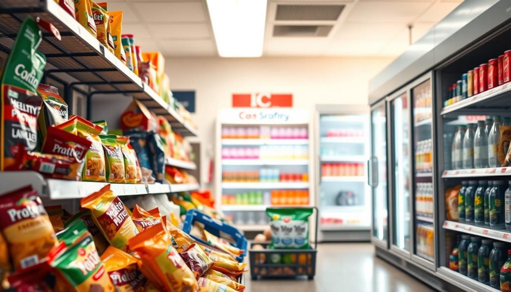 A brightly lit convenience store aisle, showcasing an array of low-calorie snack options. In the foreground, an assortment of healthy snacks such as protein bars, trail mixes, and single-serve veggie chips. The middle ground features an open refrigerator stocked with low-sugar drinks and flavored sparkling waters. The background depicts the store's interior, with clean, minimalist shelving and a warm, inviting atmosphere. The lighting is natural and diffused, creating a sense of wellness and vitality. The overall scene conveys a message of conscious, nutritious choices available at a typical gas station stop. How to choose healthy gas station food options for a snack trip