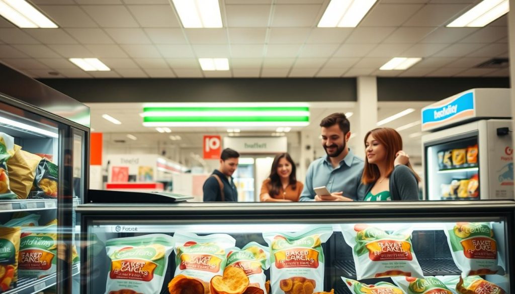 A brightly lit gas station convenience store interior, with a prominent display of healthy snack options. In the foreground, a glass-fronted refrigerator showcases an array of individual bags of baked vegetable chips, their vibrant colors and crisp textures inviting. Overhead, soft, diffused lighting casts a warm glow, highlighting the sleek, modern shelving and merchandising. In the middle ground, a few health-conscious customers peruse the options, their expressions reflecting satisfaction at finding nutritious treats at this unexpected location. The background features the familiar gas pumps and signage of the station, creating a sense of place and context for this oasis of wellness amidst the typically indulgent offerings of a roadside stop. Top gas station snacks that taste great and are nutritious