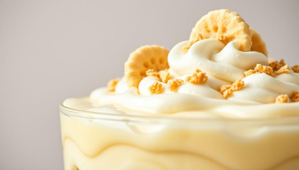 A close-up, high-resolution image of a delicious, creamy banana pudding against a neutral background. The pudding is perfectly smooth, with swirls of custard and dollops of freshly whipped cream. Sliced ripe bananas are arranged artfully on top, and a sprinkle of crushed vanilla wafers adds a delightful crunch. Soft, indirect lighting illuminates the scene, creating a warm, comforting atmosphere. The lens is positioned to showcase the texture and layers of the pudding, inviting the viewer to dive in and troubleshoot any potential issues with this classic Southern dessert.