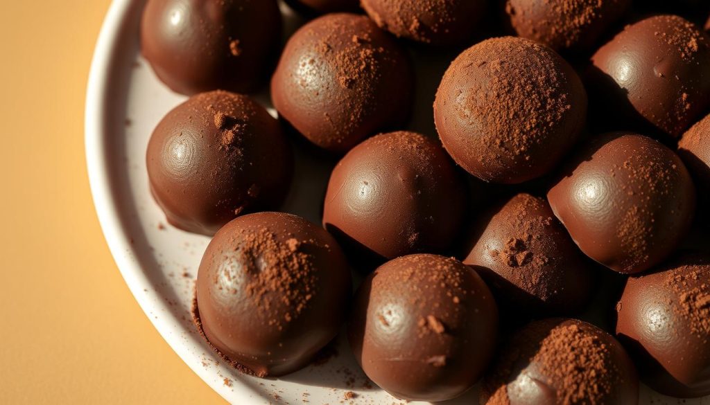 A close-up of a plate of classic Brazilian brigadeiros, made with rich, creamy condensed milk. The small, round confections are dusted with cocoa powder, creating a matte, dark brown exterior. They are neatly arranged, glistening under the warm, directional lighting that casts soft shadows, emphasizing their smooth, fudgy texture. The background is a simple, neutral tone that allows the brigadeiros to take center stage, showcasing their traditional, authentic appearance. The overall mood is indulgent, comforting, and true to the essence of this beloved South American dessert. A close-up of a plate of classic Brazilian brigadeiros, made with rich, creamy condensed milk. The small, round confections are dusted with cocoa powder, creating a matte, dark brown exterior. They are neatly arranged, glistening under the warm, directional lighting that casts soft shadows, emphasizing their smooth, fudgy texture. The background is a simple, neutral tone that allows the brigadeiros to take center stage, showcasing their traditional, authentic appearance. The overall mood is indulgent, comforting, and true to the essence of this beloved South American dessert.