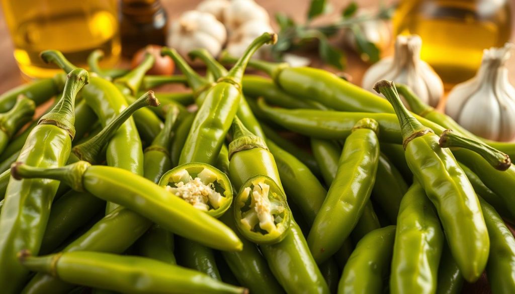 A close-up shot of an assortment of fresh pepperoncini peppers, their bright green hues and slender, tapered shapes accentuated by warm, natural lighting. In the foreground, a few peppers are sliced, revealing their crisp, pale yellow-green flesh and tiny seeds. Behind them, a selection of culinary ingredients such as olive oil, garlic, and herbs suggests the various ways these peppers can be incorporated into cooking. The background is softly blurred, creating a sense of focus on the peppers and their versatile uses.