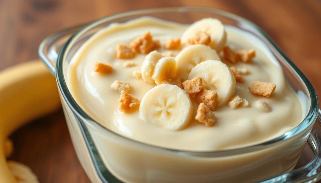 A close-up view of a chilled glass dish filled with creamy banana pudding, garnished with freshly sliced bananas and crumbled vanilla wafers. The pudding has a smooth, silky texture, glistening under soft, natural lighting. In the background, a wooden surface or countertop provides a warm, rustic contrast. The scene evokes a sense of comfort and homemade goodness, capturing the perfect storage and serving presentation for this delectable dessert. A close-up view of a chilled glass dish filled with creamy banana pudding, garnished with freshly sliced bananas and crumbled vanilla wafers. The pudding has a smooth, silky texture, glistening under soft, natural lighting. In the background, a wooden surface or countertop provides a warm, rustic contrast. The scene evokes a sense of comfort and homemade goodness, capturing the perfect storage and serving presentation for this delectable dessert.