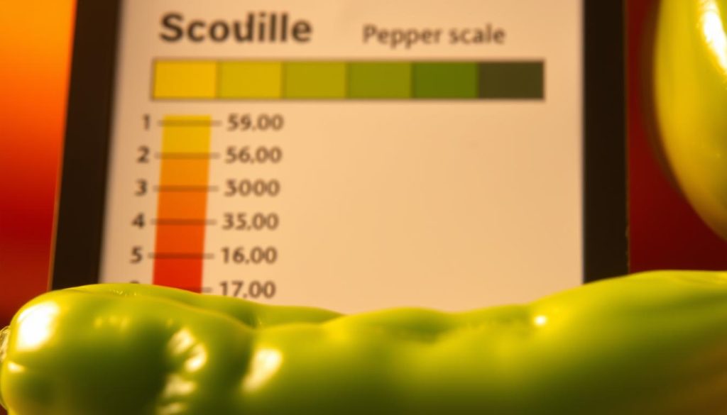 A close-up view of a pepperoncini pepper, its green skin glistening under warm, diffused lighting. The pepper is positioned diagonally, revealing its subtle curves and ridges. In the background, a Scoville heat scale measurement chart is prominently displayed, with the pepperoncini's heat range clearly marked, providing a visual reference for its spiciness level. The image has a balanced, professional composition, creating a sense of informative clarity about the pepperoncini's position on the Scoville scale.