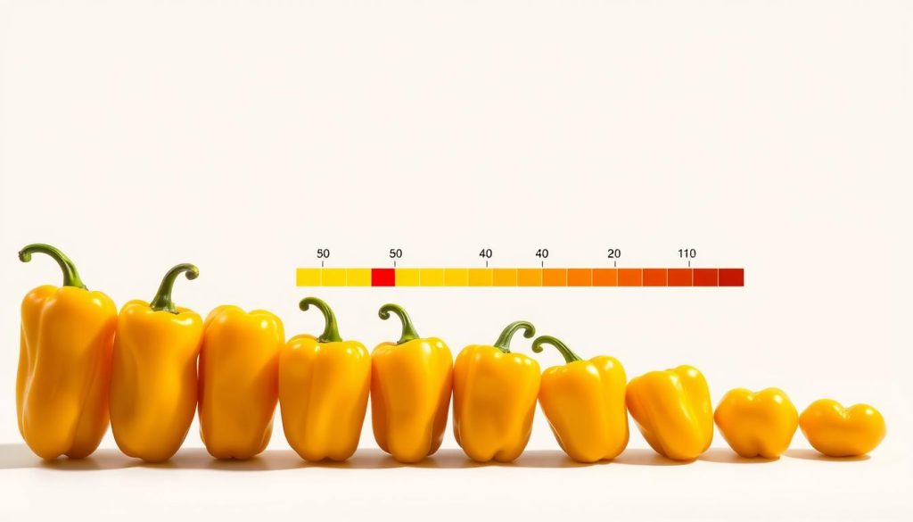 A detailed illustration showcasing a side-by-side comparison of banana peppers on the Scoville scale. In the foreground, a row of vibrant yellow banana peppers of varying sizes, their surfaces glistening under warm, directional lighting. In the middle ground, a linear Scoville scale chart depicting the heat levels, with clear numerical values and color gradients. The background is a clean, minimalist environment, allowing the focal elements to stand out prominently. The overall composition is balanced, with a focus on clarity and informative visual presentation to educate the viewer about the heat intensity of banana peppers. A detailed illustration showcasing a side-by-side comparison of banana peppers on the Scoville scale. In the foreground, a row of vibrant yellow banana peppers of varying sizes, their surfaces glistening under warm, directional lighting. In the middle ground, a linear Scoville scale chart depicting the heat levels, with clear numerical values and color gradients. The background is a clean, minimalist environment, allowing the focal elements to stand out prominently. The overall composition is balanced, with a focus on clarity and informative visual presentation to educate the viewer about the heat intensity of banana peppers.
