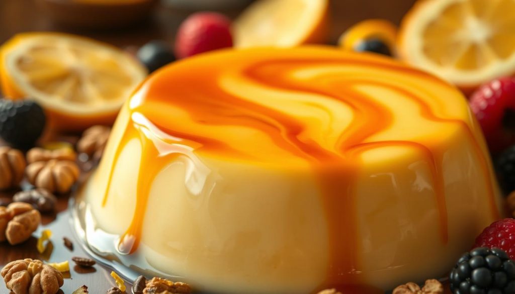 A lush, creamy evaporated milk dessert with a decadent, glossy sheen. In the foreground, a sumptuous pudding or custard, glistening with a caramelized top. Gently swirling ribbons of condensed milk and vanilla bean seeds create an alluring, marbled effect. Surrounding the dessert, a scatter of toasted nuts, plump berries, and fragrant citrus zest add pops of color and texture. The scene is bathed in warm, golden light, casting a cozy, indulgent atmosphere. Captured with a shallow depth of field, the viewer's gaze is drawn to the luxurious, creamy centerpiece. An inviting, mouthwatering depiction of a decadent evaporated milk dessert. A lush, creamy evaporated milk dessert with a decadent, glossy sheen. In the foreground, a sumptuous pudding or custard, glistening with a caramelized top. Gently swirling ribbons of condensed milk and vanilla bean seeds create an alluring, marbled effect. Surrounding the dessert, a scatter of toasted nuts, plump berries, and fragrant citrus zest add pops of color and texture. The scene is bathed in warm, golden light, casting a cozy, indulgent atmosphere. Captured with a shallow depth of field, the viewer's gaze is drawn to the luxurious, creamy centerpiece. An inviting, mouthwatering depiction of a decadent evaporated milk dessert.