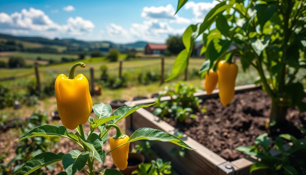 A lush, vibrant garden scene with a thriving banana pepper plant as the focal point. The plant is positioned in the foreground, its bright yellow peppers glistening in the warm sunlight. The middle ground features a well-tended raised garden bed, its soil rich and dark, surrounded by verdant foliage. In the background, a picturesque countryside landscape unfolds, with rolling hills, a distant farmhouse, and a clear blue sky dotted with fluffy white clouds. The lighting is soft and natural, creating a serene, inviting atmosphere. The overall composition emphasizes the process of growing and harvesting these flavorful peppers, providing a visually engaging representation of the section title. A lush, vibrant garden scene with a thriving banana pepper plant as the focal point. The plant is positioned in the foreground, its bright yellow peppers glistening in the warm sunlight. The middle ground features a well-tended raised garden bed, its soil rich and dark, surrounded by verdant foliage. In the background, a picturesque countryside landscape unfolds, with rolling hills, a distant farmhouse, and a clear blue sky dotted with fluffy white clouds. The lighting is soft and natural, creating a serene, inviting atmosphere. The overall composition emphasizes the process of growing and harvesting these flavorful peppers, providing a visually engaging representation of the section title.