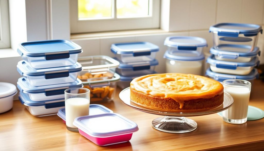 A neatly arranged kitchen counter displaying a freshly baked sweetened condensed milk cake, surrounded by various storage containers and a chilled glass of milk. The cake is presented in a clear glass cake stand, its smooth, dense texture visible. Nearby, airtight plastic containers and reusable silicone lids showcase efficient storage solutions. Warm, natural lighting from a nearby window creates a cozy, inviting atmosphere, highlighting the rich, creamy hues of the cake and the shiny surfaces of the containers. The scene conveys a sense of preparation and care, perfectly complementing the "Storage and Make-Ahead Instructions" section of the "Sweetened Condensed Milk Cake Recipe for Beginners" article. A neatly arranged kitchen counter displaying a freshly baked sweetened condensed milk cake, surrounded by various storage containers and a chilled glass of milk. The cake is presented in a clear glass cake stand, its smooth, dense texture visible. Nearby, airtight plastic containers and reusable silicone lids showcase efficient storage solutions. Warm, natural lighting from a nearby window creates a cozy, inviting atmosphere, highlighting the rich, creamy hues of the cake and the shiny surfaces of the containers. The scene conveys a sense of preparation and care, perfectly complementing the "Storage and Make-Ahead Instructions" section of the "Sweetened Condensed Milk Cake Recipe for Beginners" article.