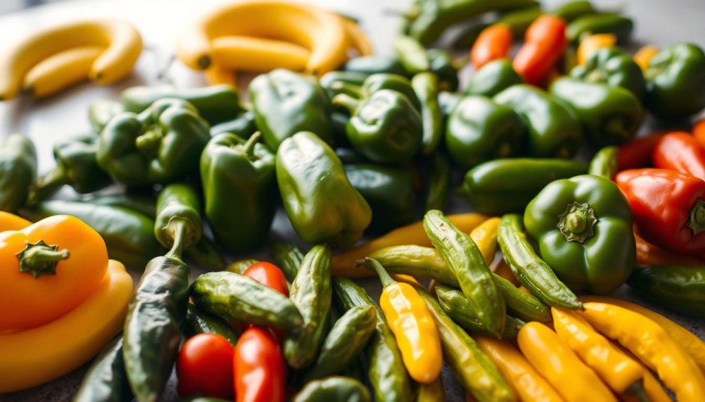 A neatly arranged table showcasing an assortment of banana peppers and pepperoncini, captured in natural lighting with a shallow depth of field. The peppers are displayed in an organized manner, highlighting their distinct shapes, sizes, and vibrant colors. The background features a clean, neutral surface, allowing the produce to take center stage. The overall composition conveys a sense of freshness and informative guidance, suitable for a buying guide on these two types of peppers.