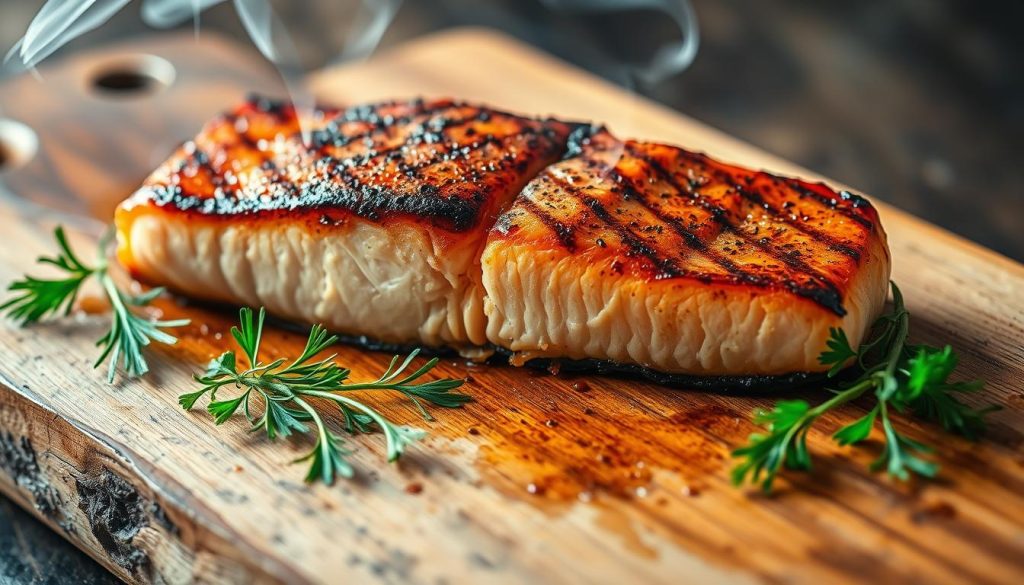 A perfectly grilled cedar plank salmon fillet, glistening with a golden-brown caramelized crust, rests atop a weathered wooden board. The salmon's flaky, juicy interior is revealed in a delicate cross-section. Fragrant cedar smoke wisps around the fish, creating a rustic, earthy atmosphere. Vibrant green herbs, such as dill and parsley, are artfully scattered nearby, adding a fresh, herbal accent. The entire scene is bathed in warm, soft lighting, casting subtle shadows and highlighting the natural textures. The composition is centered, allowing the main subject to command attention, while the background remains slightly blurred, creating depth and focus. A perfectly grilled cedar plank salmon fillet, glistening with a golden-brown caramelized crust, rests atop a weathered wooden board. The salmon's flaky, juicy interior is revealed in a delicate cross-section. Fragrant cedar smoke wisps around the fish, creating a rustic, earthy atmosphere. Vibrant green herbs, such as dill and parsley, are artfully scattered nearby, adding a fresh, herbal accent. The entire scene is bathed in warm, soft lighting, casting subtle shadows and highlighting the natural textures. The composition is centered, allowing the main subject to command attention, while the background remains slightly blurred, creating depth and focus.