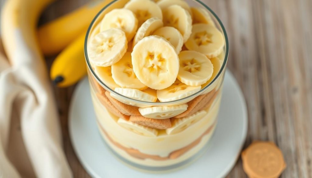 A perfectly layered banana pudding dessert, with luscious custard, fresh sliced bananas, and crisp vanilla wafers. The image is shot from an overhead perspective, capturing the intricate arrangement in vivid detail. Soft, diffused lighting illuminates the layers, creating a warm, inviting atmosphere. The camera angle highlights the clean, symmetrical layering technique, showcasing how to achieve an Instagram-worthy presentation. The visual emphasis is on the texture contrast and vibrant colors, enticing the viewer to dive into this indulgent homemade treat.