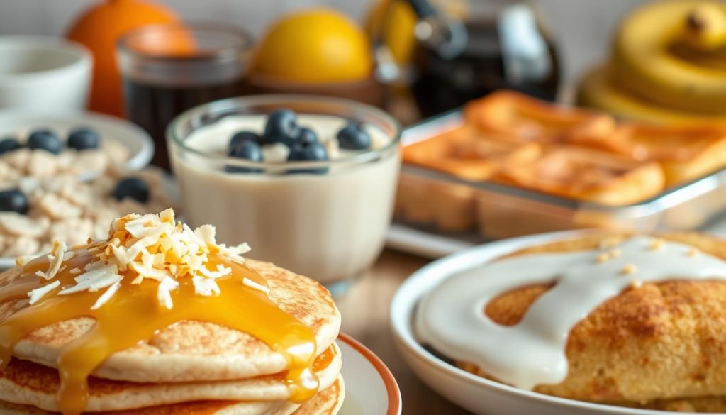 A scrumptious breakfast scene featuring a variety of delectable dishes made with rich, creamy evaporated milk. In the foreground, a stack of fluffy pancakes drizzled with golden honey and sprinkled with toasted coconut flakes. Beside it, a bowl of silky smooth oatmeal, its surface crowned with plump blueberries and a swirl of evaporated milk. In the middle ground, a classic French toast casserole, its golden-brown crust glistening under soft, warm lighting. In the background, a glass carafe of freshly brewed coffee and a assortment of fresh fruits, including juicy oranges and ripe bananas. The scene exudes a cozy, inviting atmosphere, perfect for a nourishing and delightful breakfast. A scrumptious breakfast scene featuring a variety of delectable dishes made with rich, creamy evaporated milk. In the foreground, a stack of fluffy pancakes drizzled with golden honey and sprinkled with toasted coconut flakes. Beside it, a bowl of silky smooth oatmeal, its surface crowned with plump blueberries and a swirl of evaporated milk. In the middle ground, a classic French toast casserole, its golden-brown crust glistening under soft, warm lighting. In the background, a glass carafe of freshly brewed coffee and a assortment of fresh fruits, including juicy oranges and ripe bananas. The scene exudes a cozy, inviting atmosphere, perfect for a nourishing and delightful breakfast.