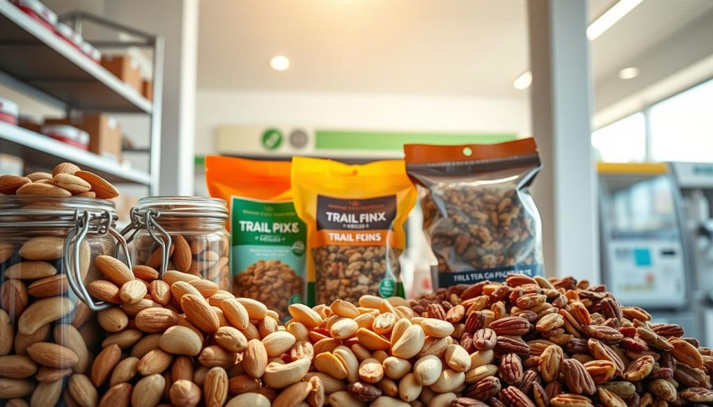 A sunlit display of healthy snacks at a modern gas station. In the foreground, an artful arrangement of various nuts - almonds, cashews, and pecans - spilling out of clear glass jars. In the middle, colorful packages of trail mix featuring dried fruits, seeds, and roasted grains. The background features sleek metal shelving and a minimalist checkout counter, creating a clean and inviting atmosphere. The lighting is soft and natural, highlighting the textures and colors of the healthy snacks. The camera angle is slightly elevated, creating a slightly bird's-eye perspective that showcases the carefully curated selection. The overall mood is one of freshness, wellness, and convenience. A sunlit display of low calorie gas station snacks at a modern, stylish stop. In the foreground, a thoughtfully arranged assortment of healthy nuts—almonds, cashews, and pecans—spills from clear glass jars, inviting a closer look. Mid-frame, vibrant packages of trail mix featuring dried fruits, seeds, and roasted grains add color and texture. The background showcases sleek metal shelving and a minimalist checkout counter, enhancing the clean, organized vibe. Soft natural lighting accentuates the textures and hues of the nutritious offerings. The slightly elevated camera angle provides a bird’s-eye view of the neatly curated, wellness-focused snack selection. The overall mood evokes freshness, health, and on-the-go convenience.