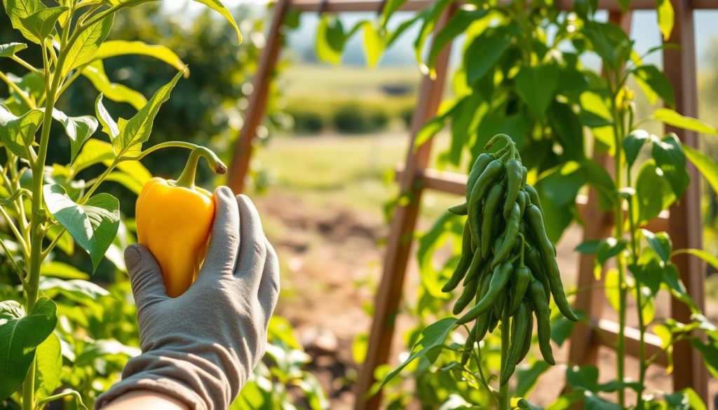 A verdant garden scene, bathed in warm afternoon sunlight. In the foreground, two distinct types of peppers stand side by side - vibrant yellow banana peppers and curled, olive-green pepperoncini. Their leaves and stems are clearly defined, capturing their unique shapes and textures. In the middle ground, a gardener's gloved hands tend to the plants, demonstrating proper harvesting techniques. The background features a wooden trellis, supporting the peppers as they grow, surrounded by lush foliage and a hazy, out-of-focus landscape. The overall composition conveys a sense of harmony, expertise, and the joy of cultivating flavorful peppers.