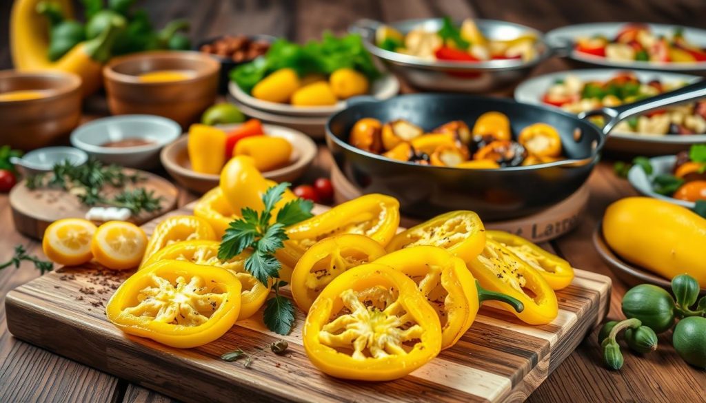 A vibrant still life scene depicting a variety of culinary preparations featuring banana peppers. In the foreground, a wooden cutting board showcases sliced banana peppers, their vibrant yellow-green hues contrasting against the natural wood. Surrounding the peppers are an assortment of complementary ingredients, such as fresh herbs, spices, and a light drizzle of olive oil. In the middle ground, a skillet sizzles with sautéed banana peppers, their crisp edges glistening under warm, focused lighting. In the background, a variety of dishes and platters feature the peppers, from a stuffed and roasted whole specimen to a colorful salad. The overall composition evokes a sense of rustic elegance, highlighting the versatility and appeal of the banana pepper in diverse culinary preparations. A vibrant still life scene depicting a variety of culinary preparations featuring banana peppers. In the foreground, a wooden cutting board showcases sliced banana peppers, their vibrant yellow-green hues contrasting against the natural wood. Surrounding the peppers are an assortment of complementary ingredients, such as fresh herbs, spices, and a light drizzle of olive oil. In the middle ground, a skillet sizzles with sautéed banana peppers, their crisp edges glistening under warm, focused lighting. In the background, a variety of dishes and platters feature the peppers, from a stuffed and roasted whole specimen to a colorful salad. The overall composition evokes a sense of rustic elegance, highlighting the versatility and appeal of the banana pepper in diverse culinary preparations.