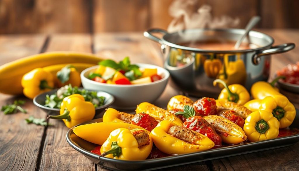 A vibrant still life scene featuring a variety of banana pepper dishes on a rustic wooden table. In the foreground, a platter showcases roasted and stuffed banana peppers, their bright yellow-green hues contrasting with the rich red sauce. In the middle ground, a bowl of crisp banana pepper salad with fresh herbs and a drizzle of olive oil. In the background, a simmering pot of banana pepper soup, its steam rising invitingly. Warm, soft lighting illuminates the scene, creating an appetizing and homely atmosphere. The composition is balanced and visually appealing, highlighting the versatility and deliciousness of banana peppers in popular recipes. A vibrant still life scene featuring a variety of banana pepper dishes on a rustic wooden table. In the foreground, a platter showcases roasted and stuffed banana peppers, their bright yellow-green hues contrasting with the rich red sauce. In the middle ground, a bowl of crisp banana pepper salad with fresh herbs and a drizzle of olive oil. In the background, a simmering pot of banana pepper soup, its steam rising invitingly. Warm, soft lighting illuminates the scene, creating an appetizing and homely atmosphere. The composition is balanced and visually appealing, highlighting the versatility and deliciousness of banana peppers in popular recipes.