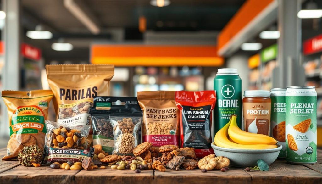 A vibrant still life showcasing a variety of healthy gas station snacks for special diets. In the foreground, an assortment of veggie chips, protein bars, trail mixes, and dried fruit in earthy tones are neatly arranged on a rustic wooden surface. The middle ground features a selection of gluten-free crackers, low-sodium beef jerky, and plant-based protein drinks, all within easy reach. The background sets the scene with a blurred gas station convenience store interior, bathed in warm, natural lighting that casts a cozy, inviting atmosphere. The image conveys a sense of nutritious, on-the-go options for health-conscious travelers. A vibrant still life showcasing a variety of healthy gas station snacks for special diets. In the foreground, an assortment of veggie chips, protein bars, trail mixes, and dried fruit in earthy tones are neatly arranged on a rustic wooden surface. The middle ground features a selection of gluten-free crackers, low-sodium beef jerky, and plant-based protein drinks, all within easy reach. The background sets the scene with a blurred gas station convenience store interior, bathed in warm, natural lighting that casts a cozy, inviting atmosphere. The image conveys a sense of nutritious, on-the-go options for health-conscious travelers.