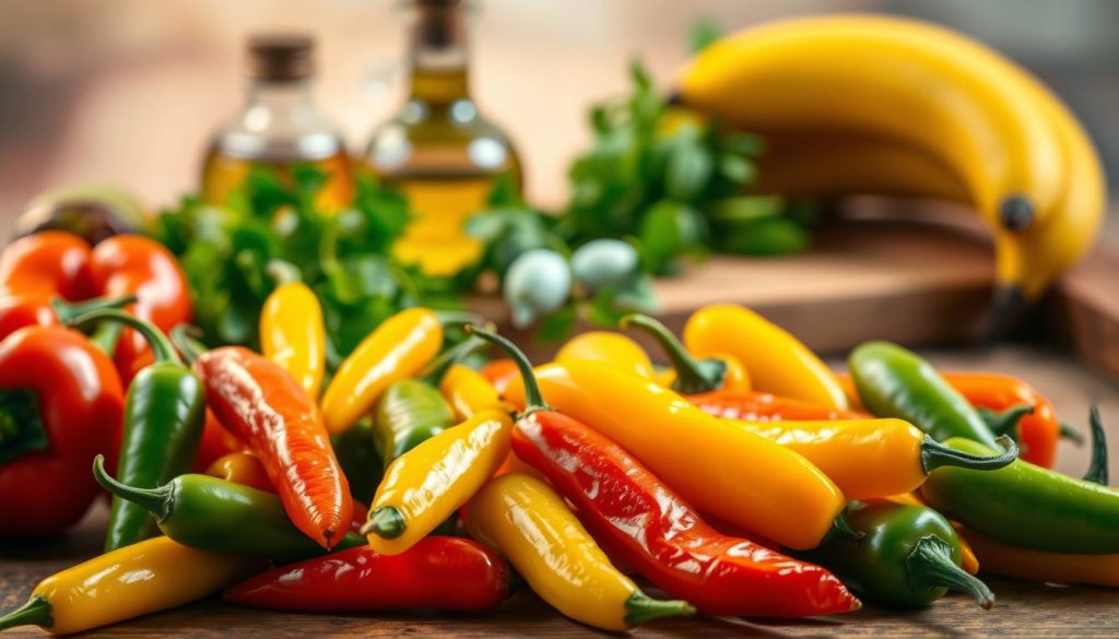 A vibrant still life showcasing the culinary potential of pepperoncini and banana peppers. In the foreground, an artful arrangement of the peppers in various hues - bright yellow, crisp green, and fiery red-orange. Textural details are highlighted by warm, directional lighting casting subtle shadows. The middle ground features a selection of fresh herbs, olive oil, and a wooden cutting board, hinting at the peppers' versatile uses in cooking. The background is softly blurred, creating a sense of depth and focus on the central ingredients. The overall mood is one of rustic elegance, inviting the viewer to imagine the flavorful dishes these peppers could inspire.