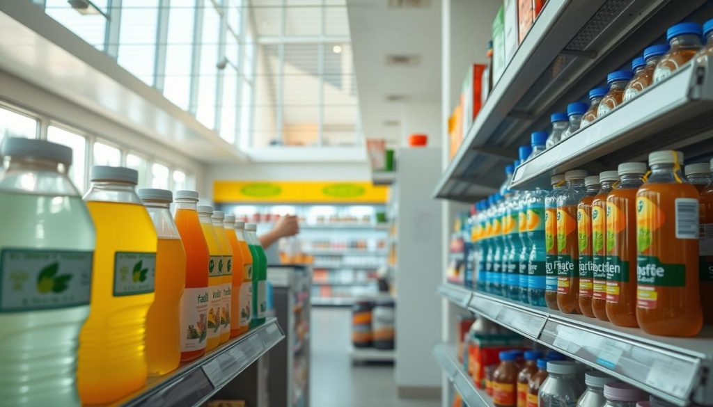 A well-lit, bright, and modern gas station convenience store interior. In the foreground, a neatly arranged selection of healthy drink options, including bottled water, sports drinks, unsweetened iced tea, and fresh-pressed juices. The drinks are displayed on clean, organized shelves with clear labeling. The middle ground features a few health-conscious snack options like protein bars and trail mixes. The background shows a clean, inviting atmosphere with natural lighting streaming in through large windows, creating a welcoming and vibrant environment. The overall scene conveys a sense of health-conscious and environmentally-friendly choices available at this gas station. A well-lit, bright, and modern gas station convenience store interior. In the foreground, a neatly arranged selection of healthy drink options, including bottled water, sports drinks, unsweetened iced tea, and fresh-pressed juices. The drinks are displayed on clean, organized shelves with clear labeling. The middle ground features a few health-conscious snack options like protein bars and trail mixes. The background shows a clean, inviting atmosphere with natural lighting streaming in through large windows, creating a welcoming and vibrant environment. The overall scene conveys a sense of health-conscious and environmentally-friendly choices available at this gas station.