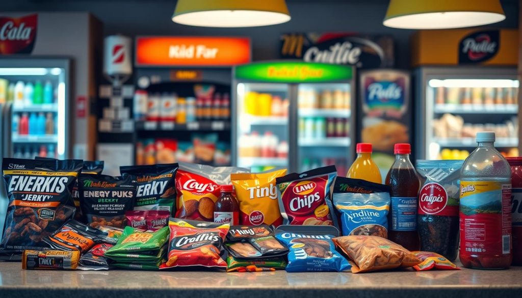 A well-lit convenience store counter, featuring an array of tempting gas station snacks. In the foreground, an assortment of energy bars, trail mixes, and protein-packed jerky arranged neatly. The middle ground showcases a variety of chips, candies, and soda bottles, beckoning the weary traveler. The background gently illuminates the refrigerated shelves stocked with refreshing beverages and chilled grab-and-go meals. Warm lighting casts a cozy ambiance, inviting the viewer to quickly select their pick-me-up for the road ahead. A sense of convenience and practicality permeates the scene, capturing the essence of a dependable gas station stop. A well-lit convenience store counter, featuring an array of tempting gas station snacks. In the foreground, an assortment of energy bars, trail mixes, and protein-packed jerky arranged neatly. The middle ground showcases a variety of chips, candies, and soda bottles, beckoning the weary traveler. The background gently illuminates the refrigerated shelves stocked with refreshing beverages and chilled grab-and-go meals. Warm lighting casts a cozy ambiance, inviting the viewer to quickly select their pick-me-up for the road ahead. A sense of convenience and practicality permeates the scene, capturing the essence of a dependable gas station stop.