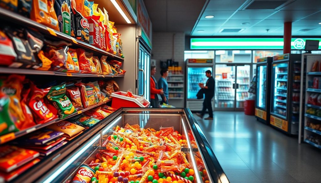 A well-lit convenience store interior, shelves stocked with an array of brightly-colored candies and snacks. In the foreground, a glass display case showcases an assortment of tempting confections - chocolate bars, gummy bears, lollipops, and more. The lighting casts a warm, inviting glow, drawing the eye to the tantalizing treats. In the middle ground, a customer reaches for a bag of chips, while the background features the familiar sights of a gas station convenience store - refrigerators, cash registers, and the occasional passing customer. The scene captures the allure of quick, satisfying snacks readily available at the local gas station. A well-lit convenience store interior, shelves stocked with an array of brightly-colored candies and snacks. In the foreground, a glass display case showcases an assortment of tempting confections - chocolate bars, gummy bears, lollipops, and more. The lighting casts a warm, inviting glow, drawing the eye to the tantalizing treats. In the middle ground, a customer reaches for a bag of chips, while the background features the familiar sights of a gas station convenience store - refrigerators, cash registers, and the occasional passing customer. The scene captures the allure of quick, satisfying snacks readily available at the local gas station.