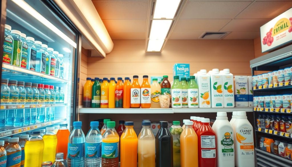 A well-lit convenience store interior, showcasing a refrigerated display case filled with a variety of healthy hydration options. In the foreground, an array of bottled waters, flavored seltzers, and sports drinks are neatly arranged. The middle ground features a vibrant assortment of fresh juices and iced teas, while the background highlights a selection of coconut waters and plant-based milk alternatives. The lighting is warm and inviting, creating a clean, modern atmosphere that encourages the viewer to explore these healthier beverage choices beyond the typical sugary sodas. The overall composition emphasizes the diversity and accessibility of nutritious hydration options available at this gas station convenience store. A well-lit convenience store interior, showcasing a refrigerated display case filled with a variety of healthy hydration options. In the foreground, an array of bottled waters, flavored seltzers, and sports drinks are neatly arranged. The middle ground features a vibrant assortment of fresh juices and iced teas, while the background highlights a selection of coconut waters and plant-based milk alternatives. The lighting is warm and inviting, creating a clean, modern atmosphere that encourages the viewer to explore these healthier beverage choices beyond the typical sugary sodas. The overall composition emphasizes the diversity and accessibility of nutritious hydration options available at this gas station convenience store.