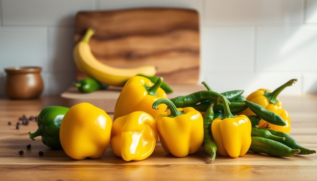 A wooden kitchen counter holds an assortment of freshly picked peppers. In the foreground, vibrant yellow banana peppers and spicy green pepperoncini peppers are carefully selected. Soft natural lighting illuminates their unique shapes and textures, highlighting the subtle differences between the two varieties. The midground features a rustic wooden cutting board and a few scattered peppercorns, creating a sense of culinary preparation. In the background, a minimalist tile backsplash provides a clean, neutral backdrop, allowing the peppers to take center stage. The overall scene conveys a sense of thoughtful curation, inviting the viewer to closely examine and appreciate the distinct qualities of these two popular pepper types.