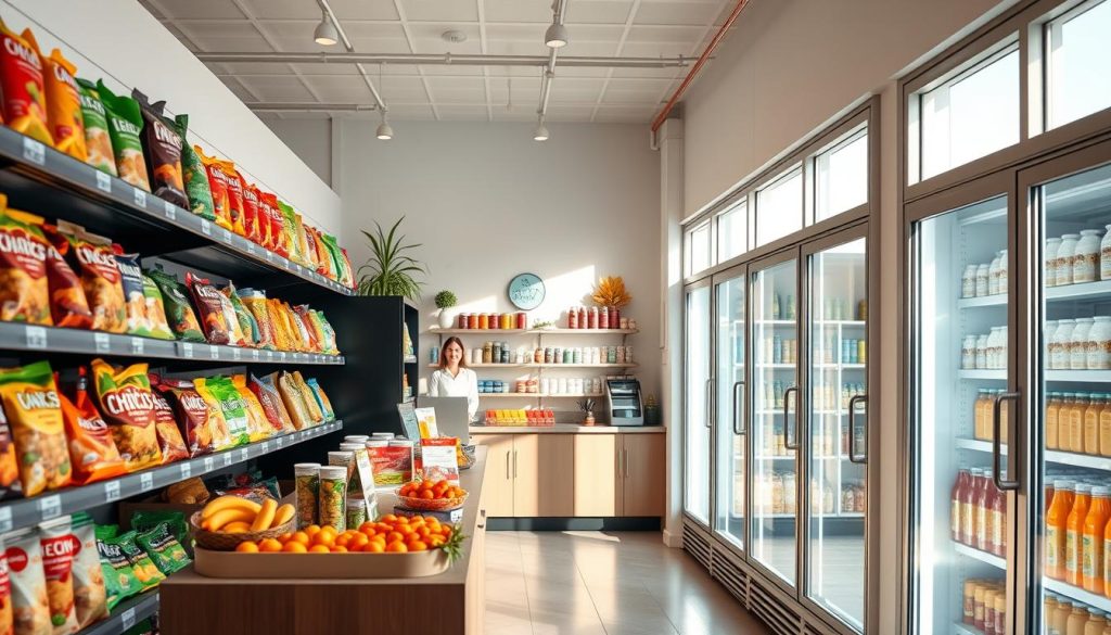 Bright and airy convenience store interior, mid-morning sunlight streaming through large windows. Rows of fresh, wholesome snacks lining the shelves - veggie chips, trail mixes, protein bars, fresh fruit. A gleaming refrigerator showcases healthy drinks like smoothies and cold-pressed juices. Friendly cashier behind the counter, ready to assist health-conscious customers. Minimalist, modern design accents create a welcoming, wellness-focused ambiance. High-quality, detailed textures and lifelike rendering for an enticing, appetizing scene. Bright and airy convenience store interior, mid-morning sunlight streaming through large windows. Rows of fresh, wholesome snacks lining the shelves - veggie chips, trail mixes, protein bars, fresh fruit. A gleaming refrigerator showcases healthy drinks like smoothies and cold-pressed juices. Friendly cashier behind the counter, ready to assist health-conscious customers. Minimalist, modern design accents create a welcoming, wellness-focused ambiance. High-quality, detailed textures and lifelike rendering for an enticing, appetizing scene.