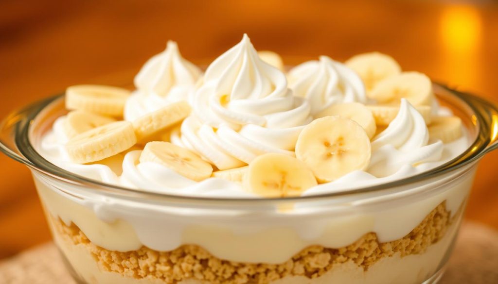 Elegant layered banana pudding, meticulously assembled in a clear glass dish. In the foreground, thick, creamy custard glistens, interspersed with sliced ripe bananas. The middle layer showcases fluffy whipped cream, piped into perfect swirls. Crumbled vanilla wafers form the foundation, visible through the transparent vessel. Warm, soft lighting casts a golden glow, enhancing the dish's luscious textures and inviting appearance. The overall scene exudes a sense of homemade comfort and artful presentation, perfectly capturing the essence of "Layering Techniques for Picture-Perfect Results". Elegant layered banana pudding, meticulously assembled in a clear glass dish. In the foreground, thick, creamy custard glistens, interspersed with sliced ripe bananas. The middle layer showcases fluffy whipped cream, piped into perfect swirls. Crumbled vanilla wafers form the foundation, visible through the transparent vessel. Warm, soft lighting casts a golden glow, enhancing the dish's luscious textures and inviting appearance. The overall scene exudes a sense of homemade comfort and artful presentation, perfectly capturing the essence of "Layering Techniques for Picture-Perfect Results".