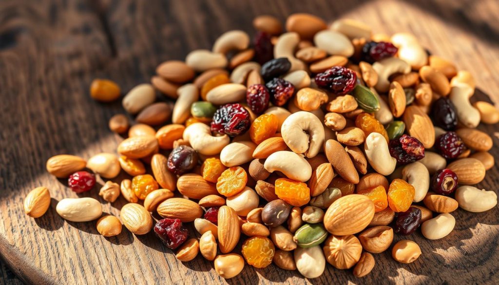 Healthy Gas Station Snacks Trail Mix: a vibrant assortment of roasted nuts, crunchy seeds, and colorful dried fruits, artfully arranged on a rustic wooden surface, with soft, natural lighting casting warm shadows and highlights. The mix features a harmonious blend of almonds, cashews, pumpkin seeds, dried cranberries, and golden raisins, creating a visually appealing and nutritious snack. The composition is carefully balanced, drawing the viewer's eye to the delectable details of each ingredient. The overall mood is one of wholesome, earthy goodness, capturing the essence of a wholesome, on-the-go snack option. Healthy Gas Station Snacks Trail Mix: a vibrant assortment of roasted nuts, crunchy seeds, and colorful dried fruits, artfully arranged on a rustic wooden surface, with soft, natural lighting casting warm shadows and highlights. The mix features a harmonious blend of almonds, cashews, pumpkin seeds, dried cranberries, and golden raisins, creating a visually appealing and nutritious snack. The composition is carefully balanced, drawing the viewer's eye to the delectable details of each ingredient. The overall mood is one of wholesome, earthy goodness, capturing the essence of a wholesome, on-the-go snack option.